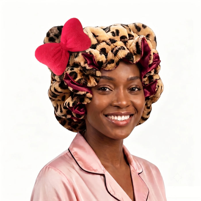 Luxurious Leopard Print Teddy Plush Hair Bonnet with Bow